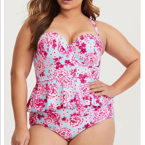 Torrid 2 Floral Peplum Two Piece Tankini Suit
